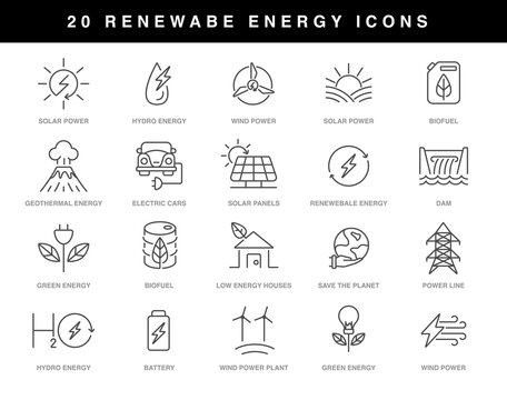 Renewable energy icons set with editable stroke, line icons on white background
