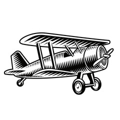A black and white vector illustration of a vintage airplane isolated on white background.