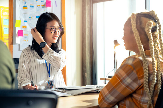 Ux Ui Desiner Female Woman During Job Interview And Three Startup Founders Members Of Smart Tech Startup Company Recruitment Manager In Modern Office Workspace