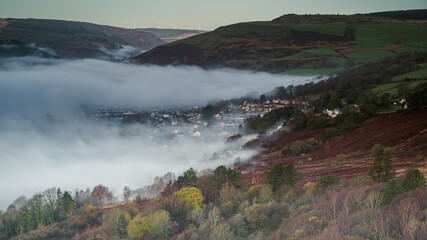 A cloud inversion across the South Wales Rhondda Valley, in the autumn