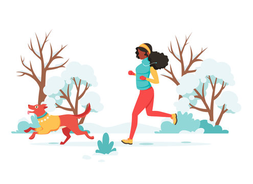 Black woman jogging with dog in winter. Outdoor activity. Vector illustration.
