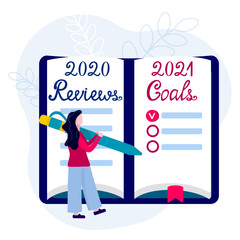 2021 goals, plans, actions, marketing, coming soon in notebook. Best of 2020, reviews. Woman with pen writes inspiration and motivation.
