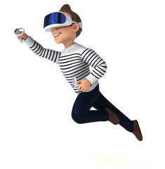 Fun 3D illustration of a cartoon man with a VR helmet