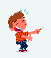  cartoon character of little boy on jeans laughs while pointing to the side with a pencil