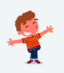  cartoon character of little boy on jeans opening arms very happy