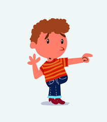 Surprised cartoon character of little boy on jeans points to something to his side