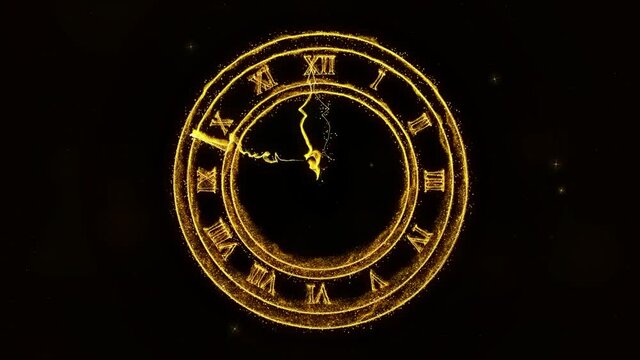 Holiday background with golden clock and shiny fireworks