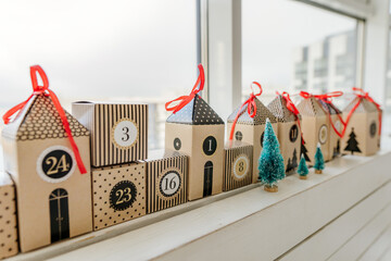 Christmas handmade advent calendar boxes on the shelf