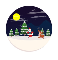 Christmas Santa with Deer Icon with Mountain Vector Flat Background
