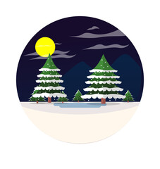 Christmas Tree Icon with Mountain Vector Flat Background
