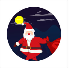 Christmas Santa with Bag Icon with Mountain and moon Vector Flat Background