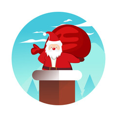 Christmas Santa with Bag Icon with Mountain Vector Flat Background