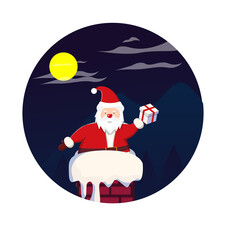 Christmas Santa and Gift Icon with Mountain Vector Flat Background
