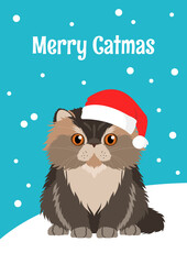 Christmas greeting card with Persian cat wearing red Santa hat. Inscription Merry Catmas. Minimalistic flat vector illustration. Blue background