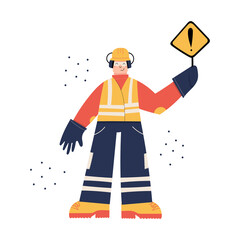 Construction or factory industrial worker wearing hard hat, earmuffs, safety gloves, high visibility vest, work clothing and boots. Worker with danger sign hazard warning. Health and safety at work