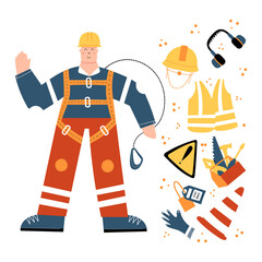 Construction or factory worker wearing hard hat, safety harness, work clothing and safety boots. Man ready to work at height. Safety equipment and PPE clipart with danger sign, tools, road cone, lock