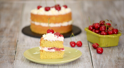 Piece of Cherry Cake With Vanilla Cream.
