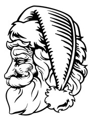 Santa Claus Father Christmas face from the side in a retro engraved vintage woodcut style