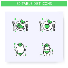 Diet line icons set.Calorie count, healthy nutrition concept. Slimming. Successful and unsuccessful diet. Weight loss. Portion control. Before and after. Isolated vector illustrations.Editable stroke 