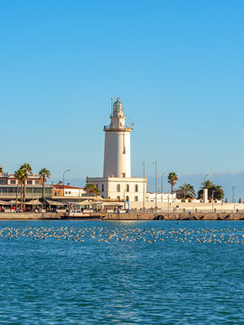Wies of the port of Malaga. "Muelle Uno" shopping mall,Malagueta buildings and La Farola lighthouse in the background.
