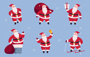 Set cheerful Santa Claus in different poses and situations. Christmas character with gifts, bag and bell