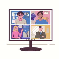 Video conference and remote working on computer. Stay and work from home. Online web chatting or streem between colleagues and employees.