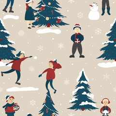 Naklejka premium Seamless pattern with winter village and winter fun entertainments 