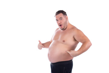 Diet and healthy lifestyle. Fat shirtless man.