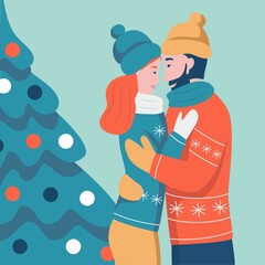 Christmas card. Couple in love hugging on the background of the Christmas tree.  Flat vector illustration. Banner, poster, template.
