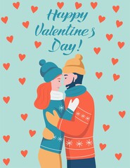 Obraz premium Valentine's day lettering card. Couple in love hugging. A man with a red beard and a woman with dark hair laugh and look at each other. Flat vector illustration.