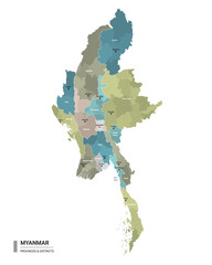 Myanmar higt detailed map with subdivisions. Administrative map of Myanmar with districts and cities name, colored by states and administrative districts. Vector illustration.