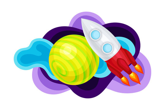 Fluid Purple Shape With Solar System Planet And Flying Space Ship Vector Illustration