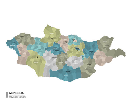 Mongolia higt detailed map with subdivisions. Administrative map of Mongolia with districts and cities name, colored by states and administrative districts. Vector illustration.