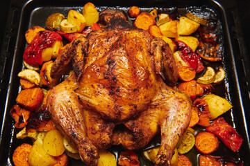 Whole roasted chicken or turkey with different vegetables on the black tray. Fresh chicken with a golden crispy crust. Christmas festive recipe with curry.