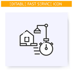 Fast house building line icon. Speed house construction, panel building. Quick services, short term, rapid work, time management concept. Isolated vector illustration. Editable stroke