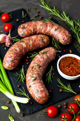 Bavarian or Munich hot sausages with seasonings and sauces on a stone board. - 396757523