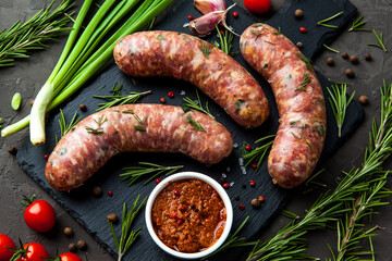 Bavarian or Munich hot sausages with seasonings and sauces on a stone board. - 396757732