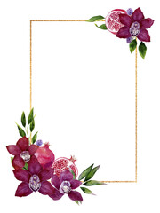 Maroon watercolor floral fruit frame purple .orchids and pomegranate isolated on white background.