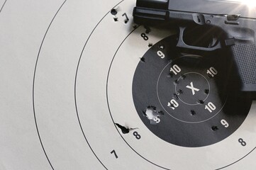 Goal setting with target, objectives and planning concept, top view, You can make a great target of business like a bullet target, gun and bullet holes on paper target
