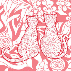 Zen cats. Hand drawn square wallpaper with abstract cats. Outlined animals. Design for spiritual relaxation for adults. Design Zentangle. Colorful art