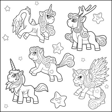 cartoon funny ponies, coloring book, set of images