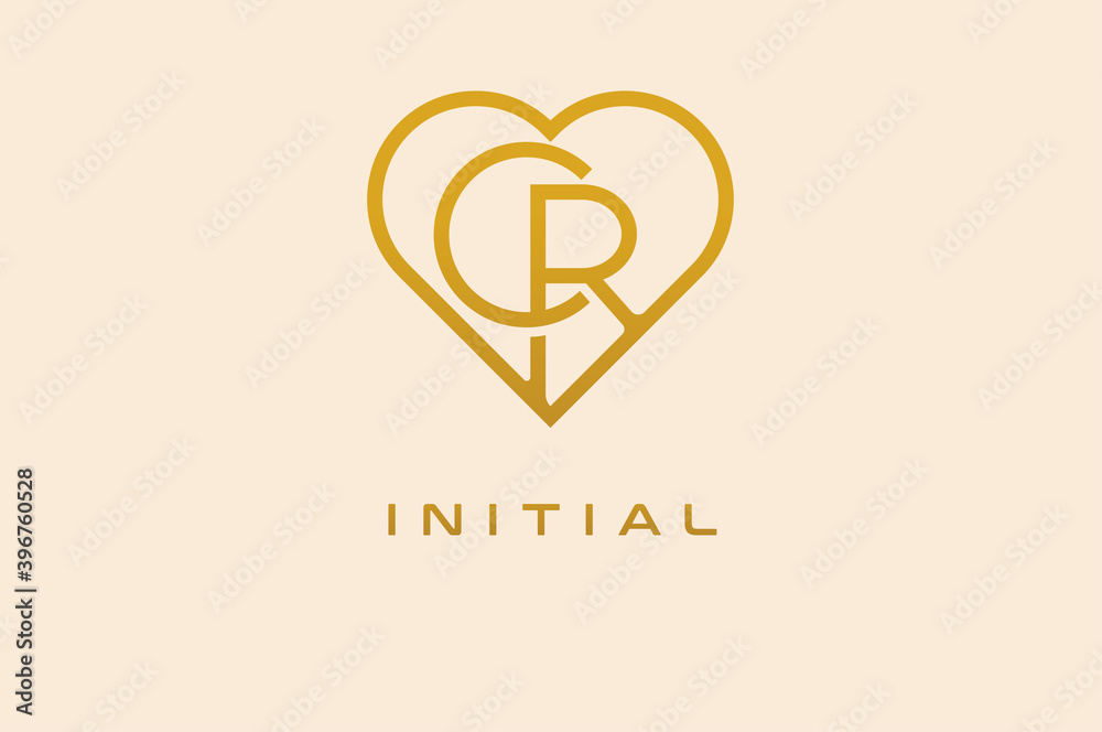 Wall mural abstract initials c and r logo, gold colour line style heart and letter combination, usable for bran