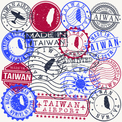 Taiwan Set of Stamps. Travel Passport Stamp. Made In Product. Design Seals Old Style Insignia. Icon Clip Art Vector.