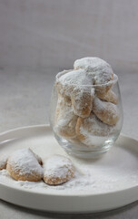 Putri Salju or Snow White Cookies. made of fine cashews, butter a little flour and sugat,after being cooked it is sown with refined sugar. Usually served during Idul Fitri or Christmas