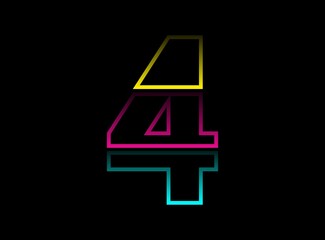 4 number vector desing, Cmyk color font logo. Dynamic split blue, pink, yellow color on black background. For social media,design elements, creative poster, web template and more