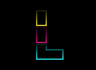 L letter vector desing, Cmyk color font logo. Dynamic split blue, pink, yellow color on black background. For social media,design elements, creative poster, web template and more