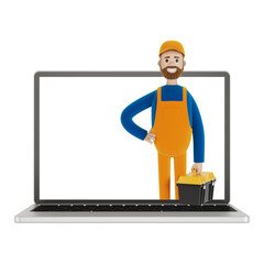 Laptop screen with wizard. Husband for an hour. An electrician, plumber, carpenter calls the foreman to work. 3D illustration in cartoon style.