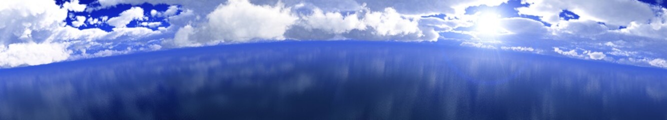 Panorama of clouds over the sea surface, cloudy landscape at the sea, 3D rendering