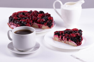 sweet strawberyy , blackberry, cherry or other berries pie or tart on white background.