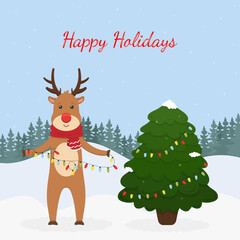 Cute of an animal deer decorating a Christmas tree in the winter forest. Vector illustration.